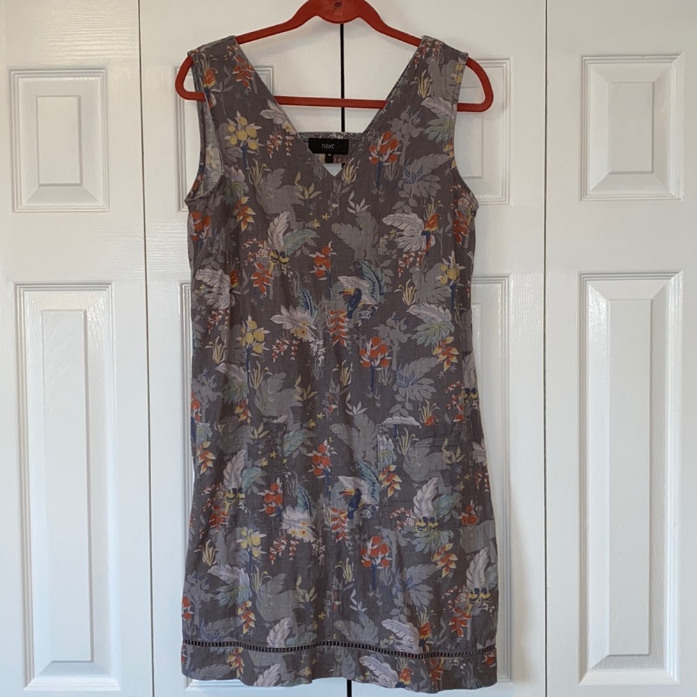 Next Sleeveless Grey Tropical Dress Sz 10